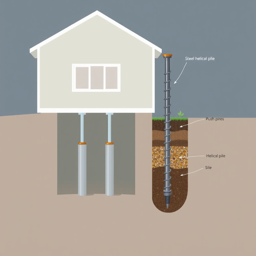 A photorealistic illustration showing a cutaway view of a residential foundation with push