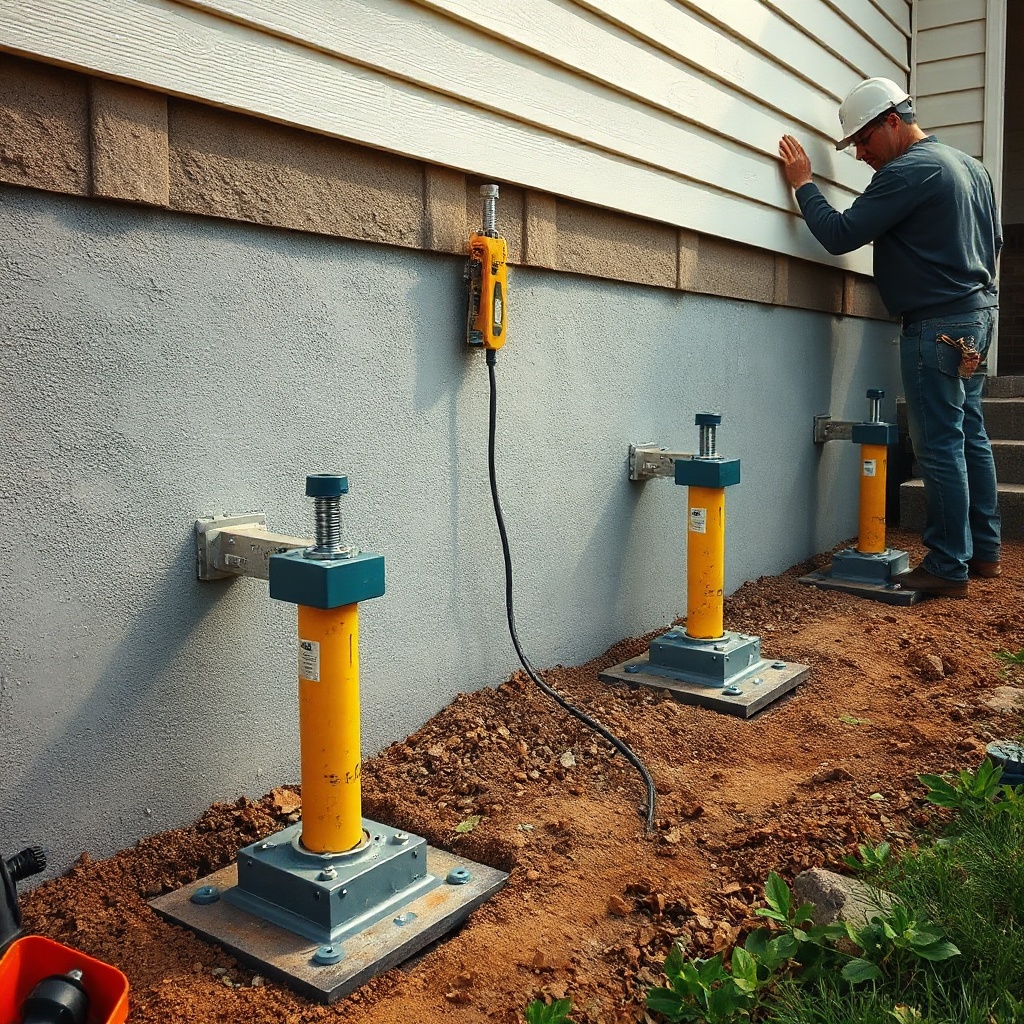 A photorealistic photo showing a foundation wall being lifted by push piers with hydraulic