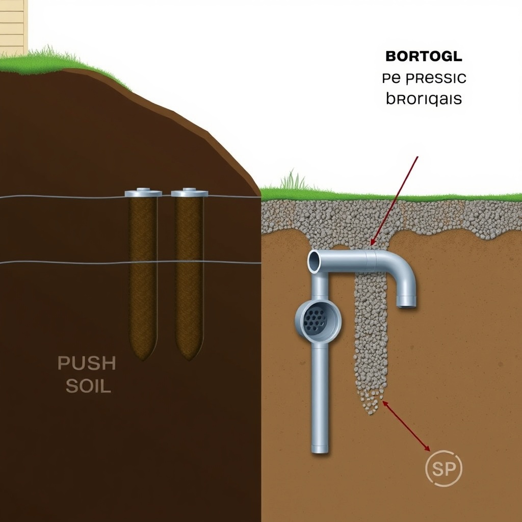 A photorealistic cross-section illustration showing a house foundation with push piers dri
