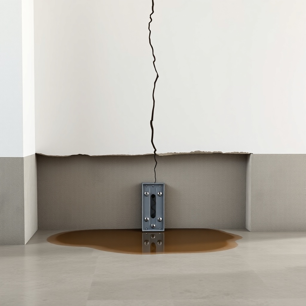 A photorealistic photo of a residential basement wall with a horizontal crack and a push p